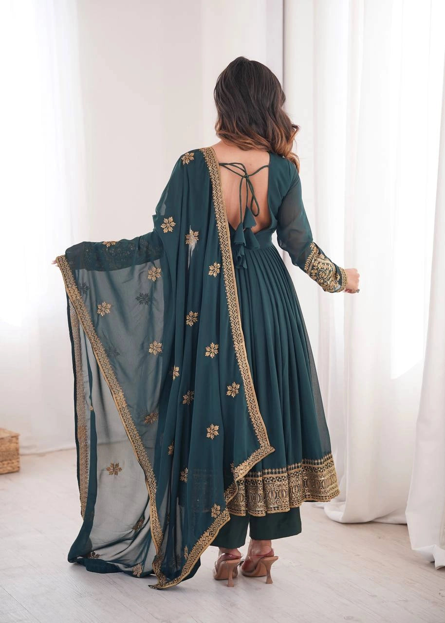 Peacock Green Sequins Embroidered Suit – Anarkali Pant Set with Dupatta Kalyanja